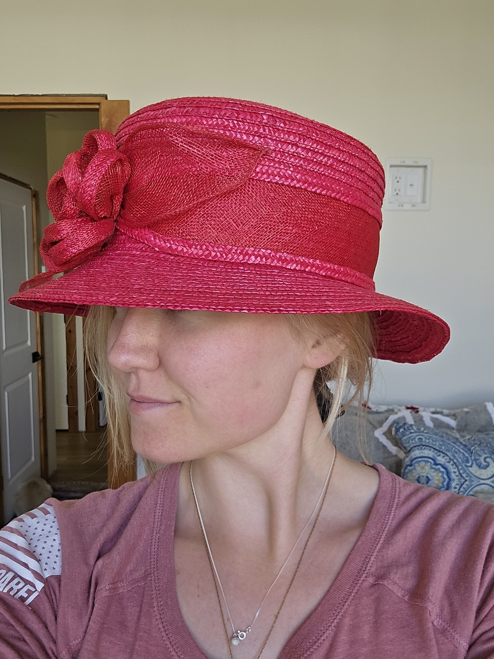betmar Bright Red Floral Straw Cloche Hat - Picture 2 of 6